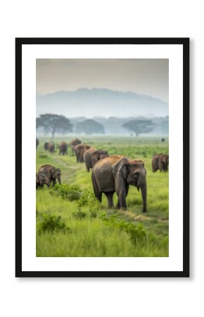 Herd of wild elephants walking on grassy green meadow while grazing in savanna of Sri Lanka on blurred background