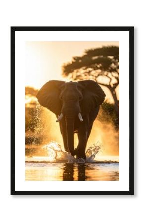 Majestic Elephant's Golden Sunset River Crossing: A Serene Wildlife Scene