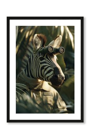 A zebra wearing a safari jacket and binoculars, tropical leaf background