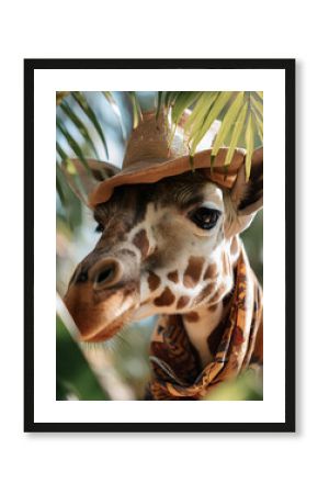 Close-up of A giraffe wearing a safari scarf and hat, tropical leaf background