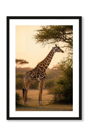 Giraffe Browsing Acacia Trees in the African Savanna During Golden Hour A Stunning Wildlife Photograph with Warm Lighting
