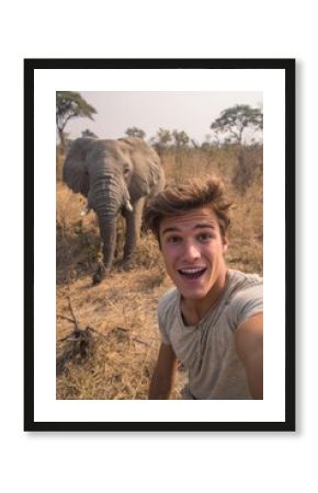 Young Man Captures Selfie With Elephant in Savannah, Blending Humor and Thrill of Wildlife