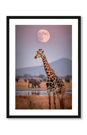 Magnificent giraffe grazes peacefully under a big moon in the vast African savanna, with elephants visible in the distance