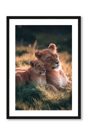 Lioness lying in the grass with her cub cuddled beside her