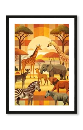 A colorful african safari scene with giraffes, zebras, and elephants
