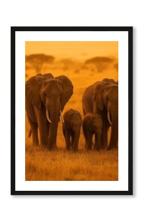 Elephants walking in golden savannah