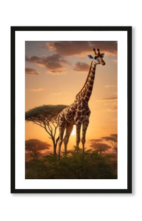 Giraffe Standing Tall in African Savannah at Sunset with Acacia Trees