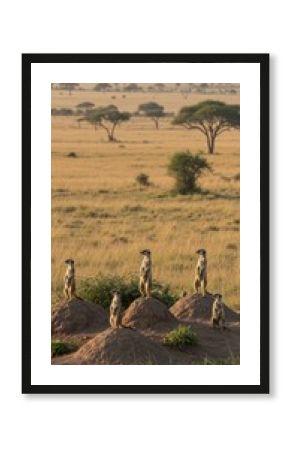 Meerkat sentinels on mounds, savanna vista