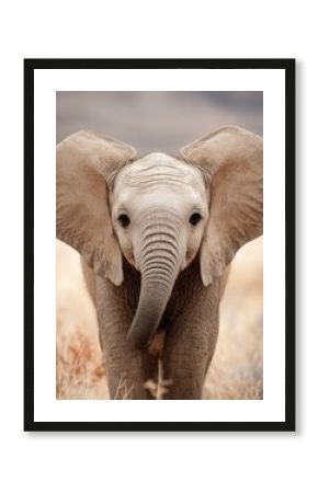 Elephant With Trunk Up. Close Up Frontal Portrait of Young African Elephant Trumpeting