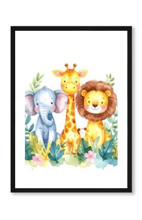 Three adorable cartoon safari animals?elephant, giraffe, and lion?seated amidst lush tropical foliage