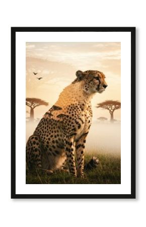 Creative double exposure of a cheetah blended with the African sun, symbolizing speed and wilderness. Perfect for wildlife art, safari themes, and creative nature photography.