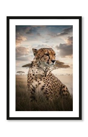 Creative double exposure of a cheetah blended with the African sun, symbolizing speed and wilderness. Perfect for wildlife art, safari themes, and creative nature photography.