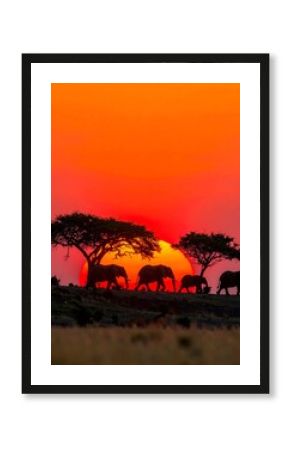 Elephants silhouette at sunset