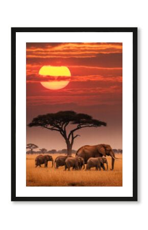 African Sunset Elephants Roaming Under the Golden Sky