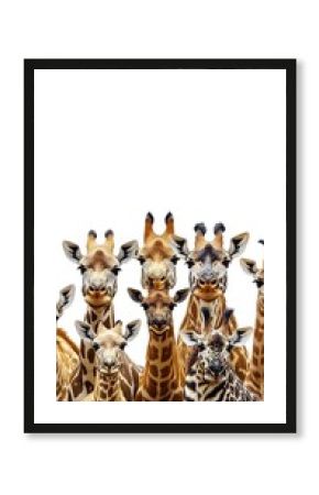 Group of giraffes with patterned fur on a photo white background animal animals