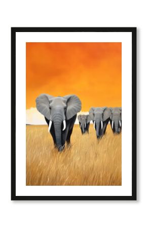 Majestic elephant herd golden savanna sunset sky tall grass wildlife Africa warm glow serene mood. peaceful scene