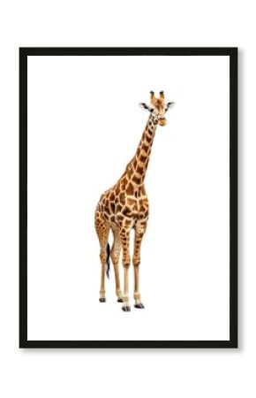 Elegant giraffe portrait standing tall against a stark white backdrop