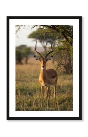 Close-up of an impala in the Serengeti, highlighting its graceful features and soft gaze. A perfect capture of Africa’s elegant antelope in the wild.