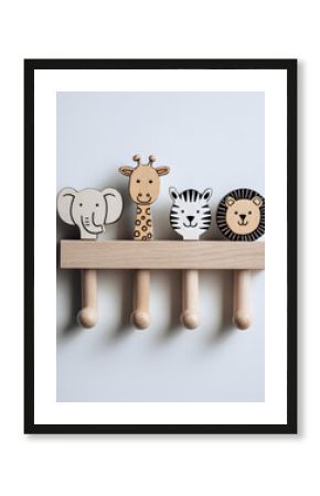 Cute wooden wall hook rack with safari animal designs including elephant, giraffe, zebra, and lion, perfect for nursery decor or kids’ rooms. 