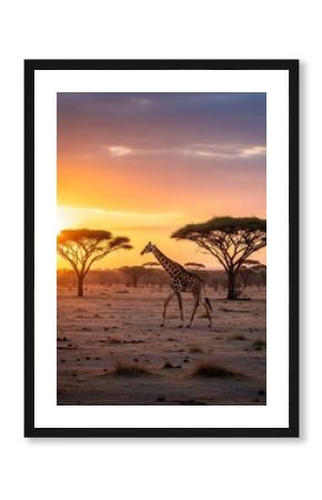 Giraffe in African Savanna Sunset.