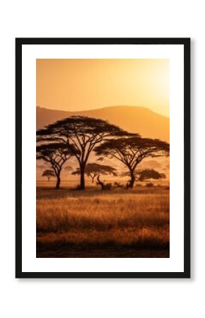Single acacia tree standing tall in golden savanna during sunset, warm African landscape representing solitude, freedom, and timeless nature