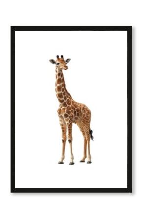 Charming illustrated baby giraffe standing peacefully on a bright, pure white background. Minimalist wildlife design ,exotic ,safari ,wildlife