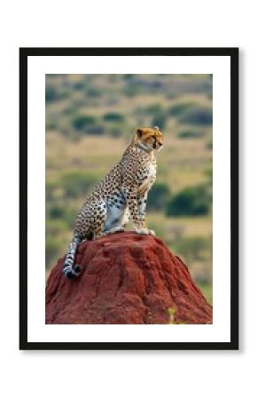 A solitary cheetah rests on a termite mound, observing its surroundings,  termite mound, kenya safari