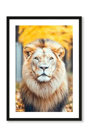Majestic lion with striking mane gazes intensely in autumnal forest setting