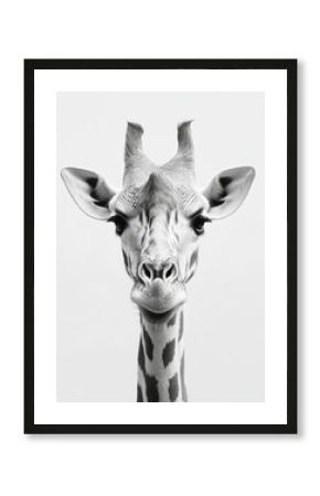 Black and white portrait of a giraffe's face staring directly forward showcasing its distinctive markings and gentle expression.