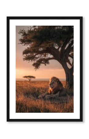 A majestic lion rests under a sprawling tree in the golden savannah.