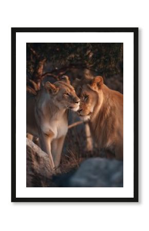 A pair of lions, their heads close, bathed in soft sunlight glow.