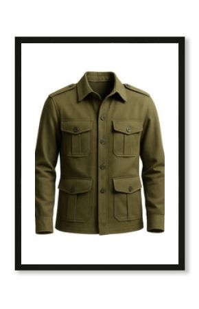 Olive safari jacket featuring epaulettes and multiple front pockets.