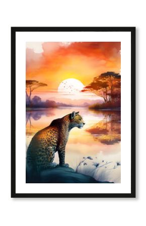 Leopard Resting by African Watering Hole at Sunset