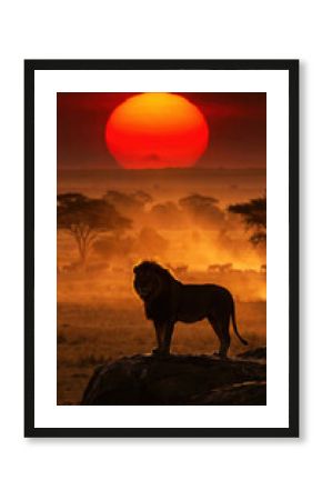 Hyper-realistic animation african lion standing on rock in red sunset sun silhouette