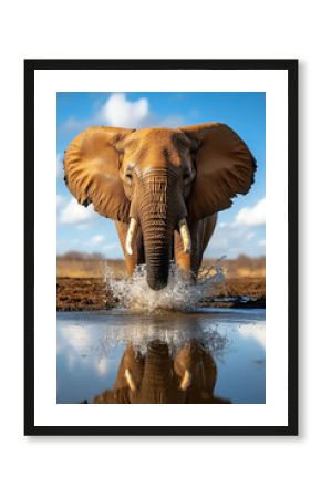 Elephant splashing in water, vibrant blue sky
