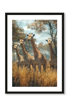 A group of four giraffes standing in a grassy field, surrounded by tall trees, under an open sky. The scene is serene and captures the essence of safari wildlife tours in Africa.