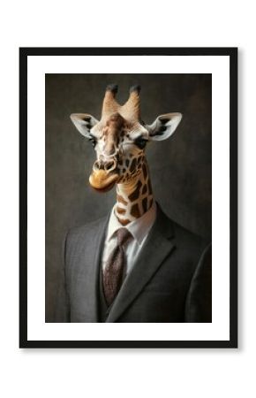 Human-like giraffe in a refined suit, positioned charismatically.