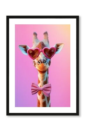 Giraffe in Pink Sunglasses and Bowtie: A playful and whimsical portrait of a giraffe sporting pink heart-shaped sunglasses and a pink bowtie.