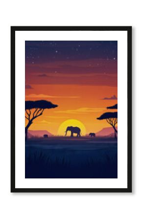 Sunset safari in the desert with silhouettes of animals like elephants  against the orange sky and a scenic landscape of grass and trees