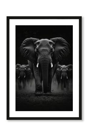 Elephant Family, Night Walk, African Wildlife, Monochromatic Photography, Majestic Animals