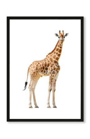 Cute giraffe standing tall, adorable safari animal illustration, African wildlife character, long-necked mammal with detailed spots isolated on transparent background