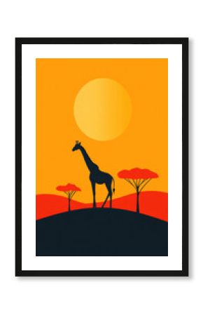 Silhouette of a giraffe against a vibrant sunset with red trees on a hill.