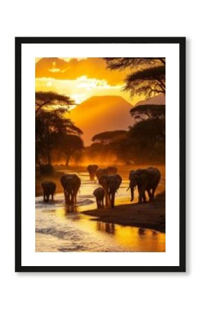 African Sunset Glow Majestic Silhouette of an Elephant Herd Crossing a Serene River in the Wild