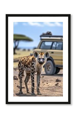 Hyena stands near safari vehicle in the savannah under clear skies in the afternoon light