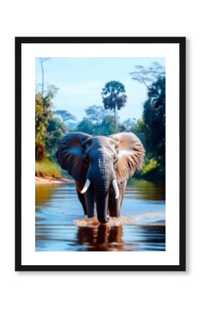 Elephant wading river, African rainforest background, wildlife safari