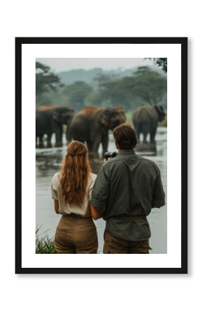 Couple on Wildlife Safari Watching Elephants Near Water   