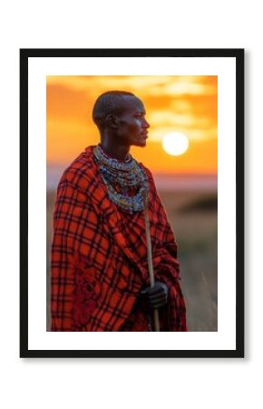 Maasai man wearing traditional clothes holding a stick during sunset in kenya, africa