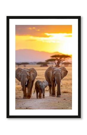 Majestic elephants walking at sunset in the savannah.