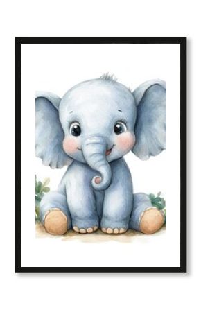 Baby Elephant Watercolor Illustration Cheerful Character Cute Cartoon Safari Design Greeting Card