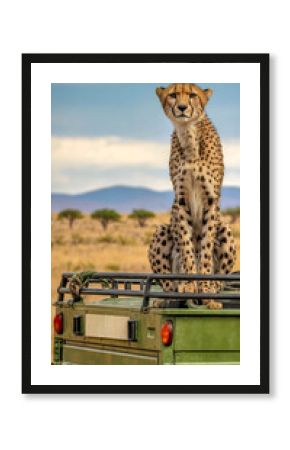 Majestic Cheetah Perched on Safari Vehicle in the Open Savannah, Capturing the Wild Beauty of Nature